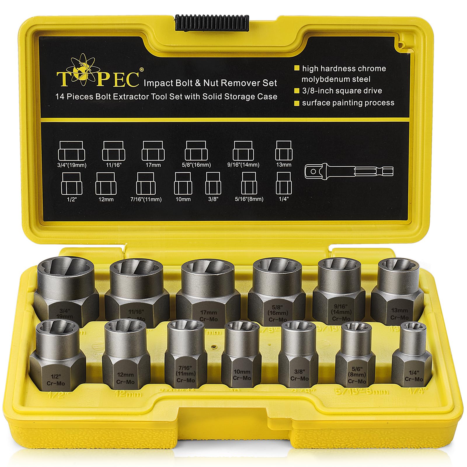 Topec 13+1 bolt and nut remover set for tough damaged fasteners