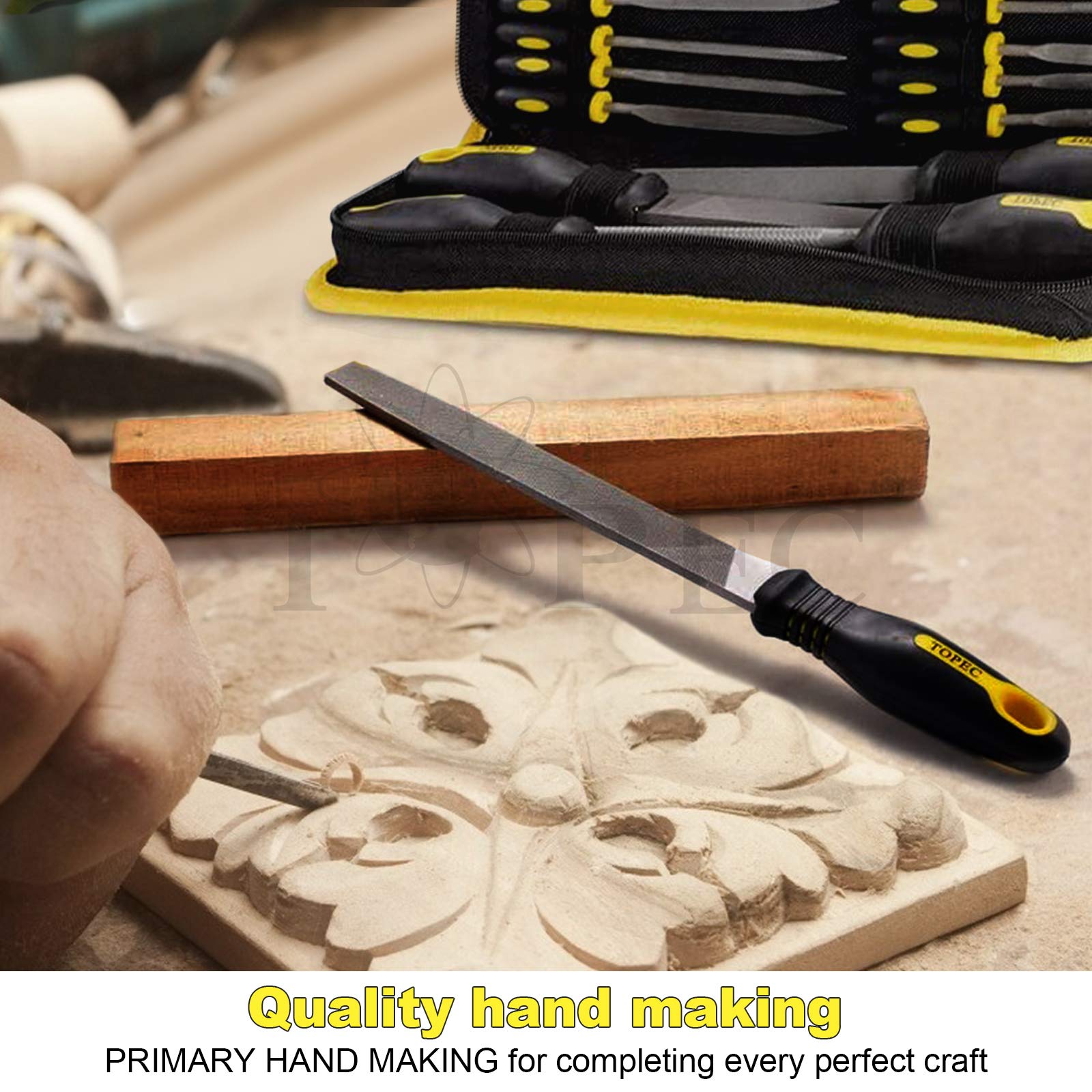 Topec included gloves and sanding papers for safer workshop use