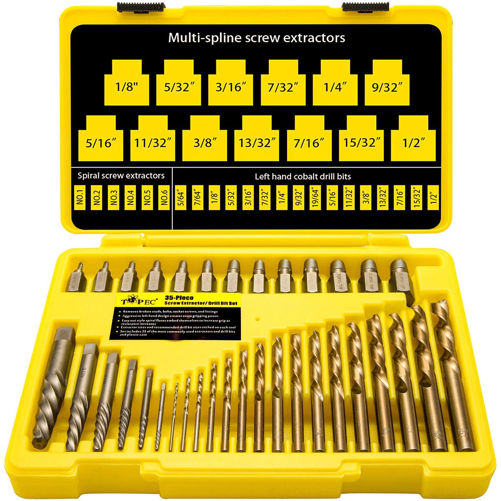 Topec 35-piece screw extractor set close-up for tough bolt removal.
