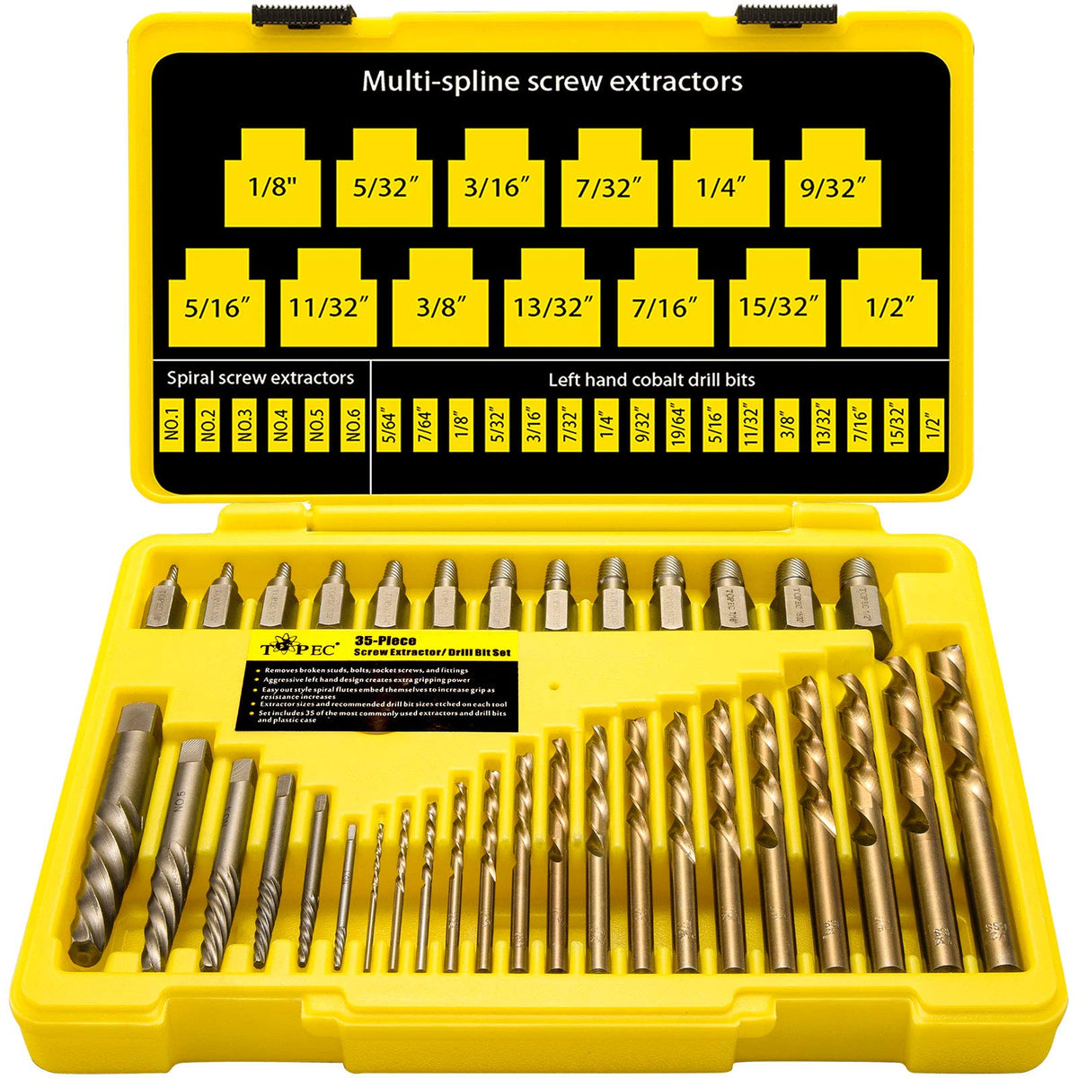 Topec 35-piece screw extractor set close-up for tough bolt removal.