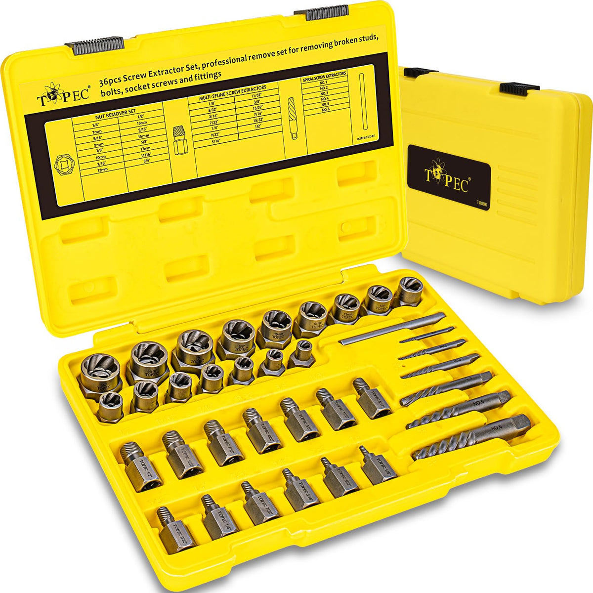 Topec 36pcs extractor kit with sockets shown, ideal for removing damaged bolts and screws.