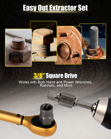 Topec 3/8 drive extractor showing hex head compatibility for tools.