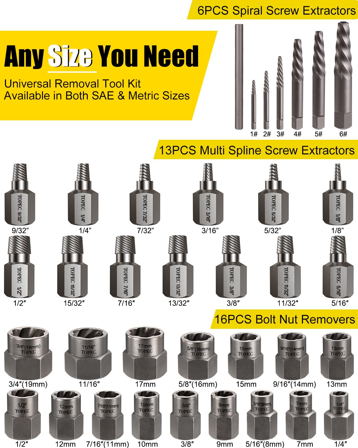 Topec 3-in-1 extractor set for screws, multi-spline and spiral extractors in view, for quick grip.