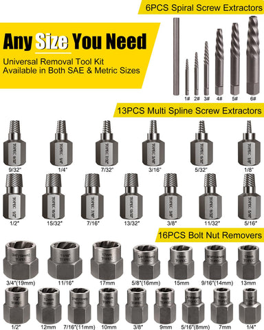 Topec 3-in-1 extractor set for screws, multi-spline and spiral extractors in view, for quick grip.