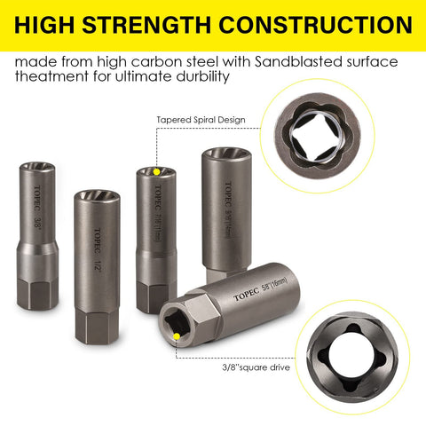 Topec 3/8 inch extractor engages deeply for versatile bolt removal.