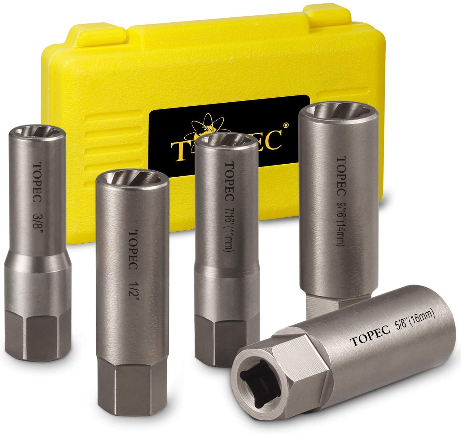 Topec 5-piece spiral deep extractor set provides strong grip for stubborn bolts.
