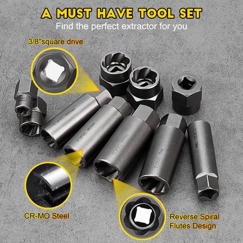 Topec Cr-Mo steel bolt extractors offer durability and rust resistance.