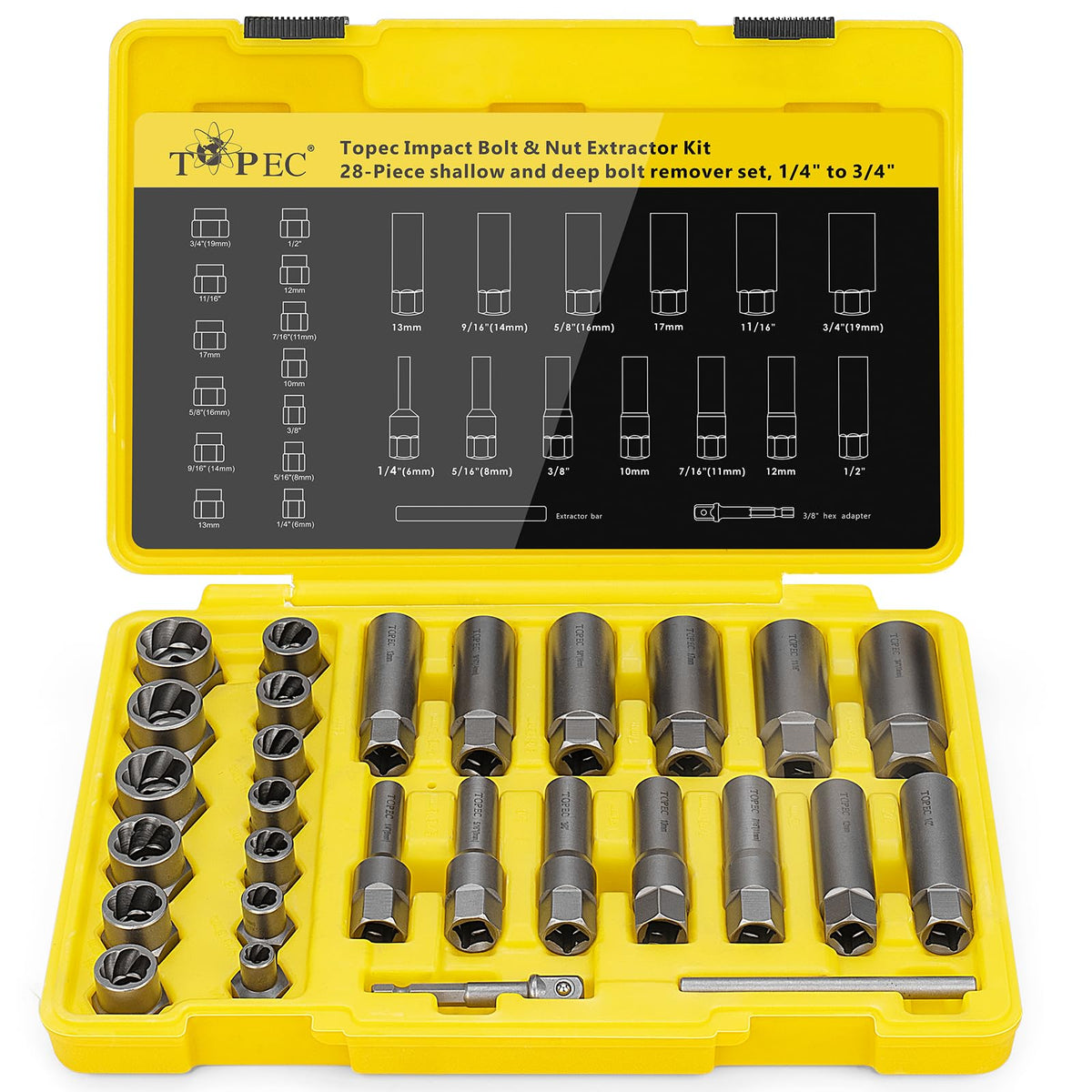 Topec Deep Bolt Extractor Set with 3/8 drive helps remove stubborn bolts.