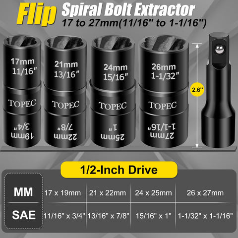 Topec laser-etched lug nut extractors with precise size markings
