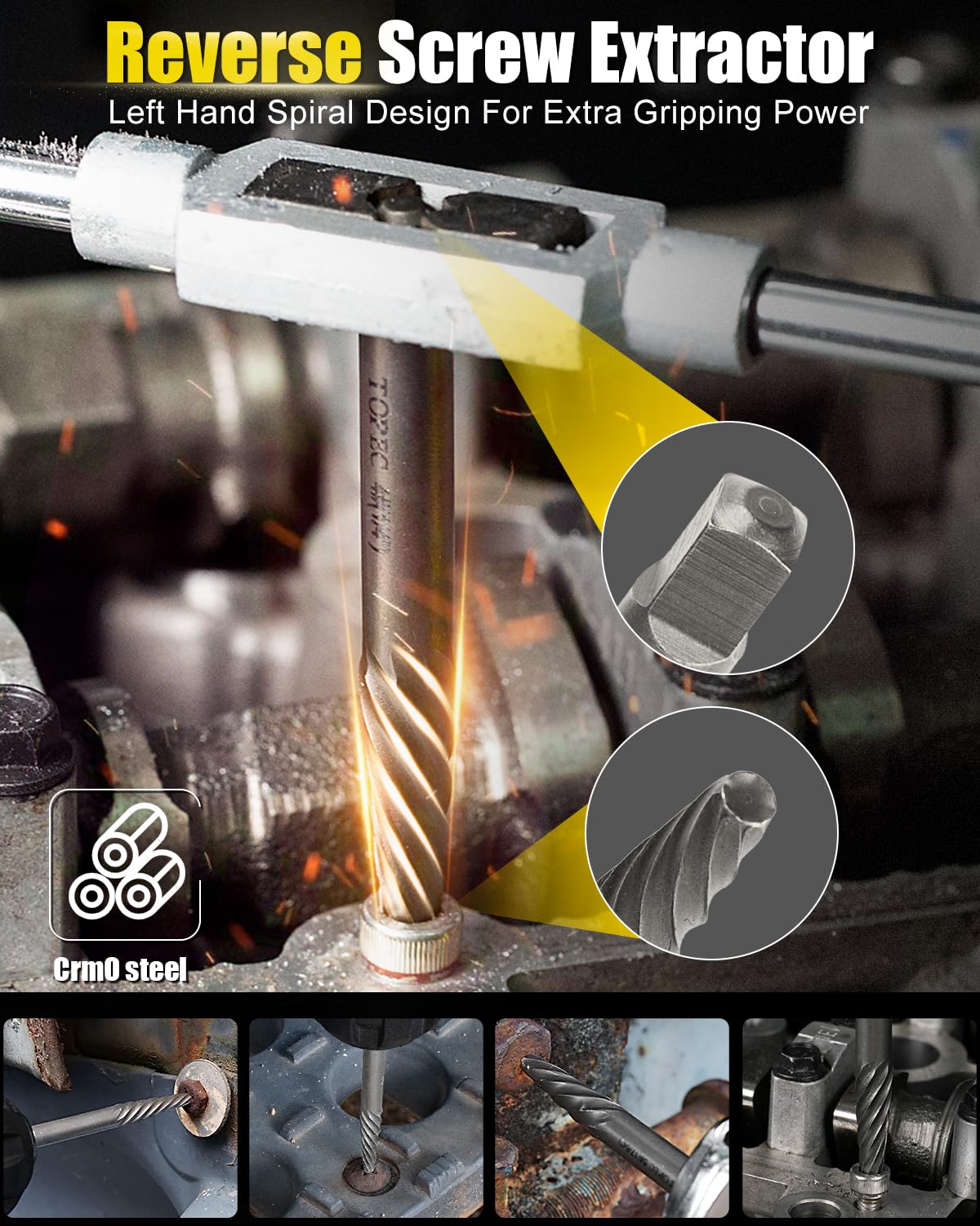 Topec left-hand spiral grip extractors ease removal of stubborn fasteners.