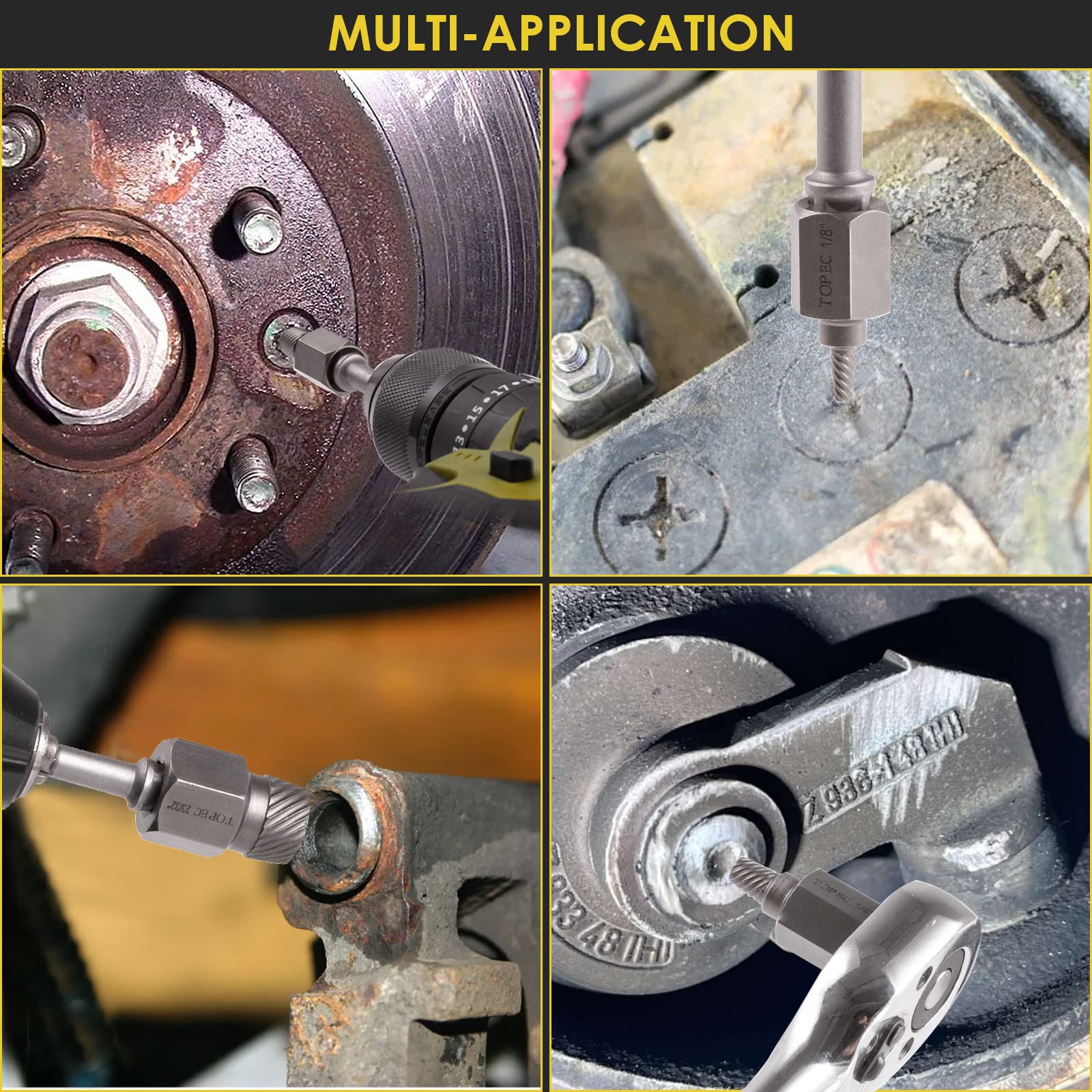 Topec multi-application tool removes studs, bolts, and hex screws.