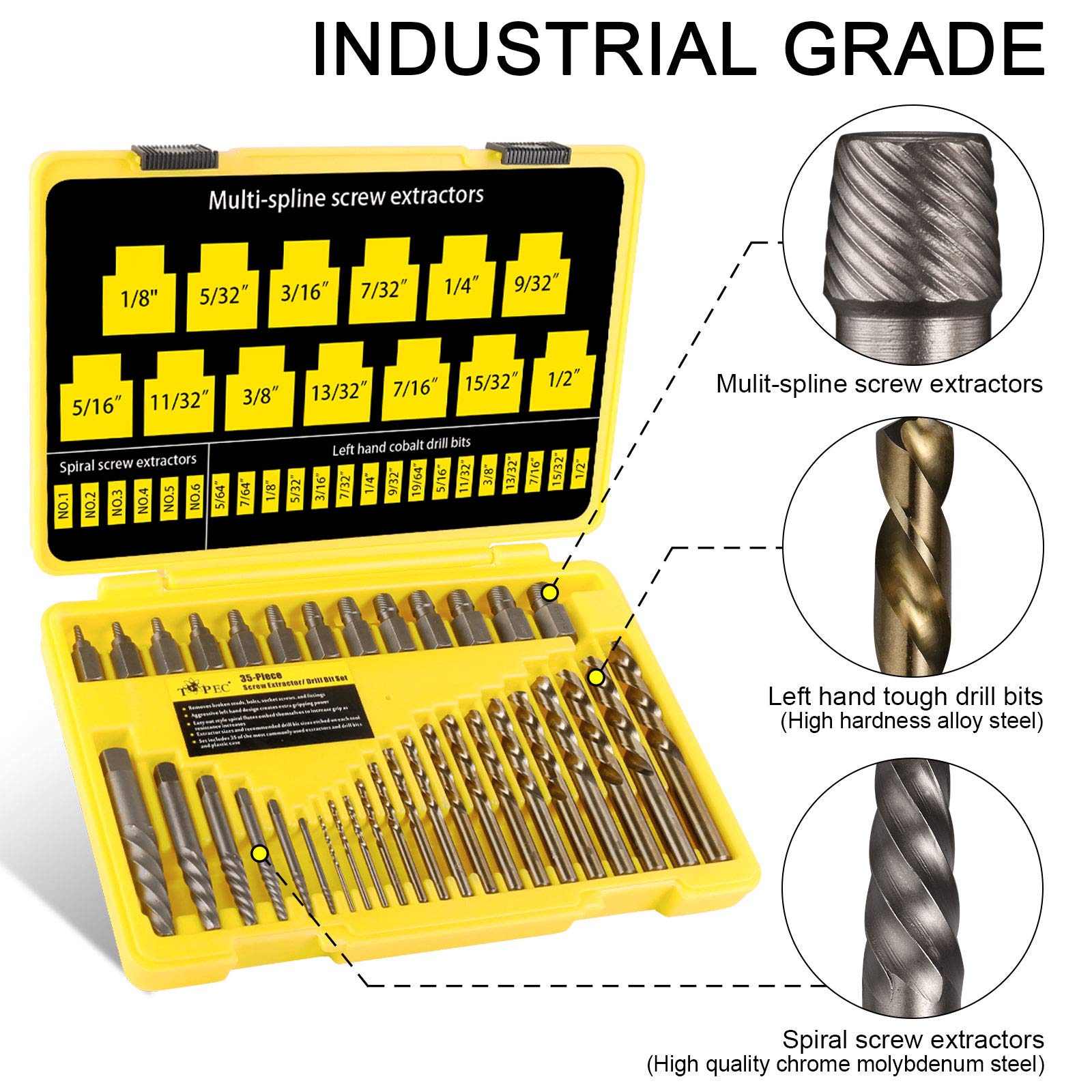 Topec spiral screw extractors lined up for reliable fastener freeing.
