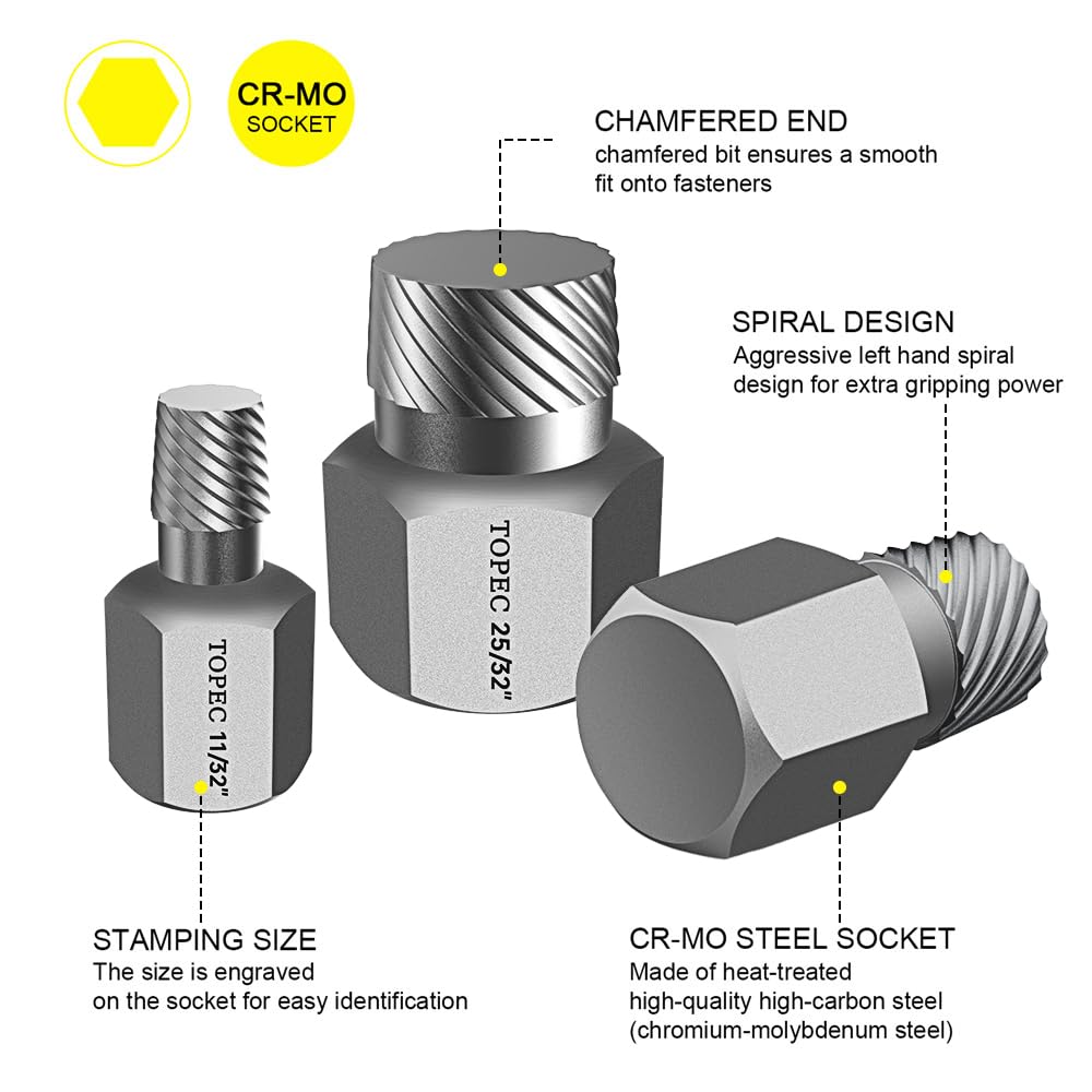 Topec extractor engravings show sizes for quick identification