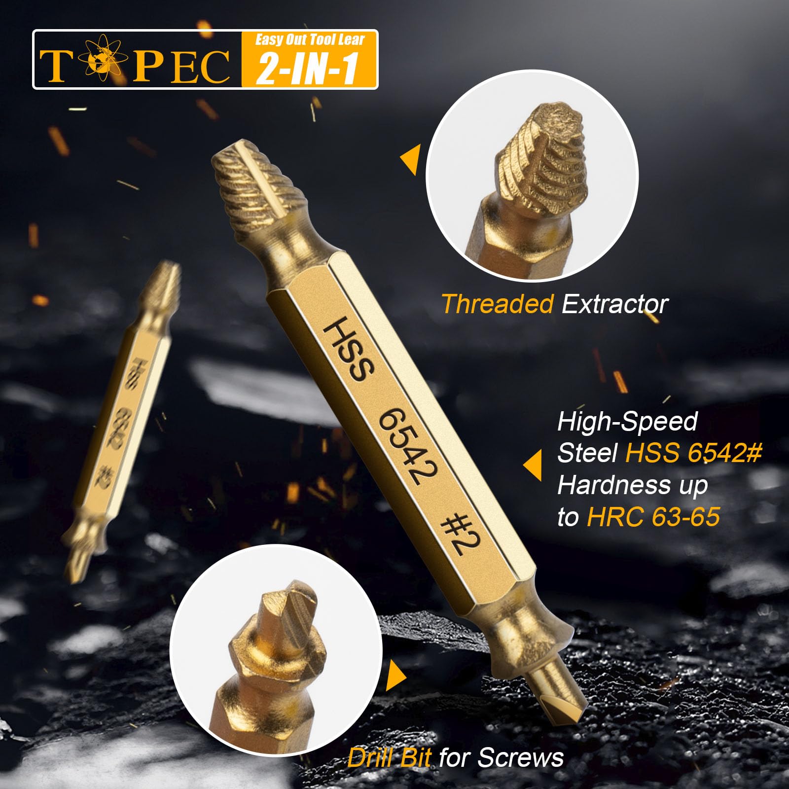 TOPEC seven spiral extractors deliver a quick bite on stubborn screws