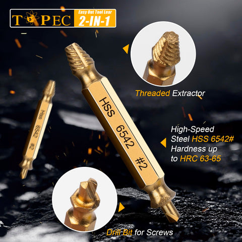 TOPEC seven spiral extractors deliver a quick bite on stubborn screws