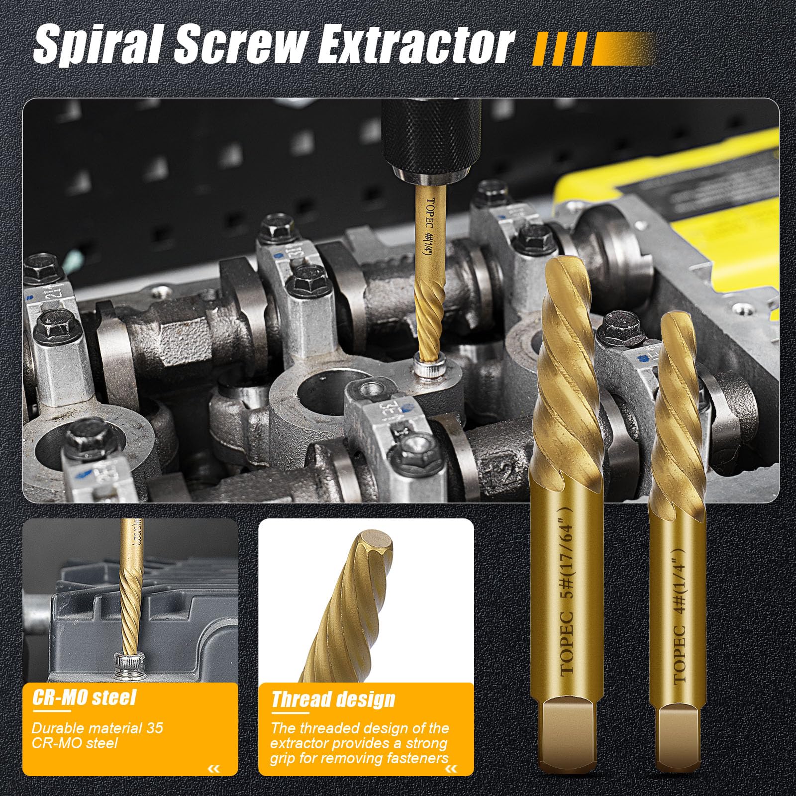TOPEC six easy-out extractors simplify removing damaged fasteners across projects