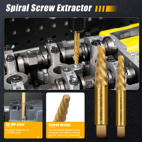 TOPEC six easy-out extractors simplify removing damaged fasteners across projects