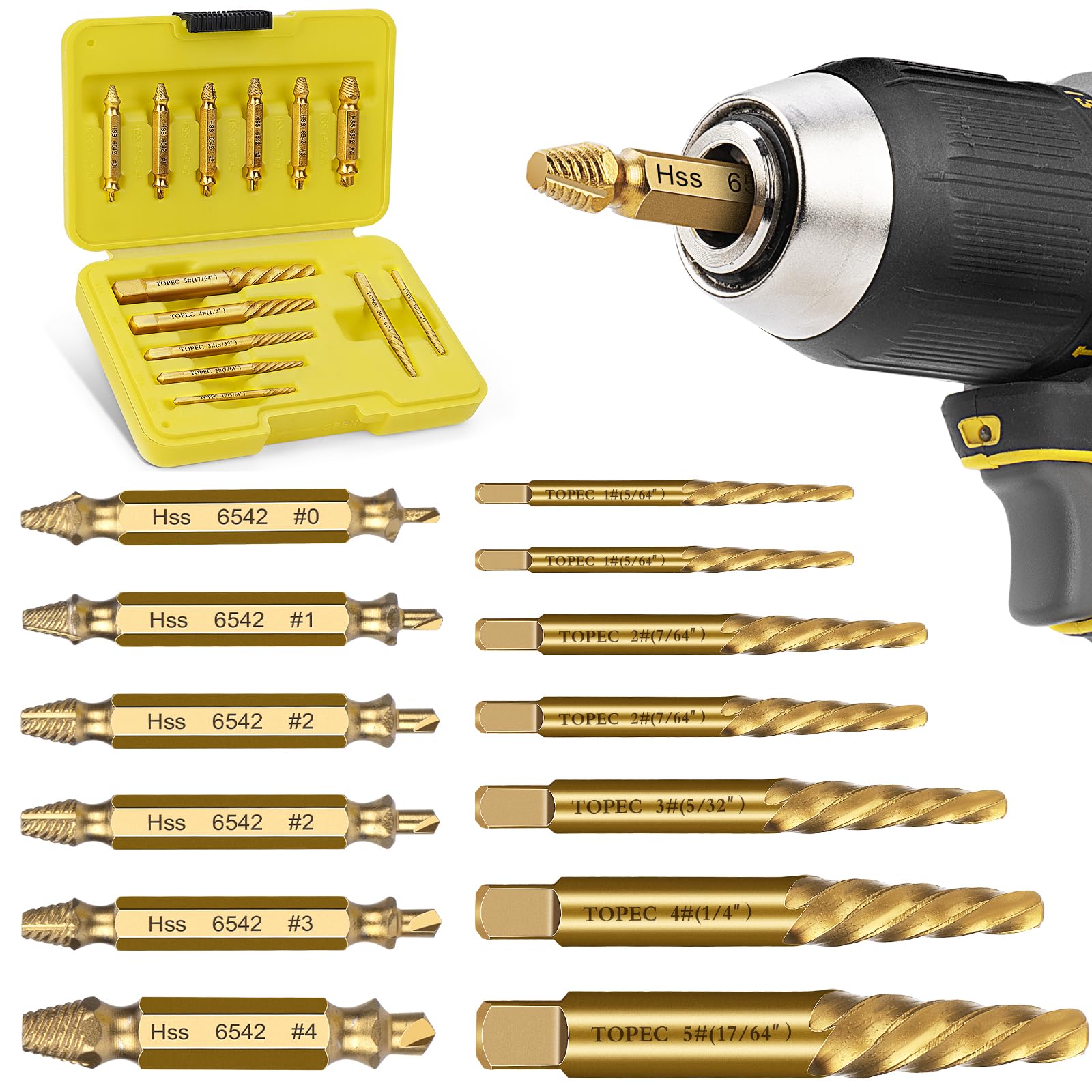 TOPEC small screw extractor set displayed for damaged-screw removal in DIY projects