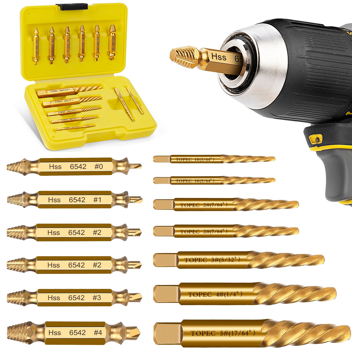 TOPEC small screw extractor set displayed for damaged-screw removal in DIY projects