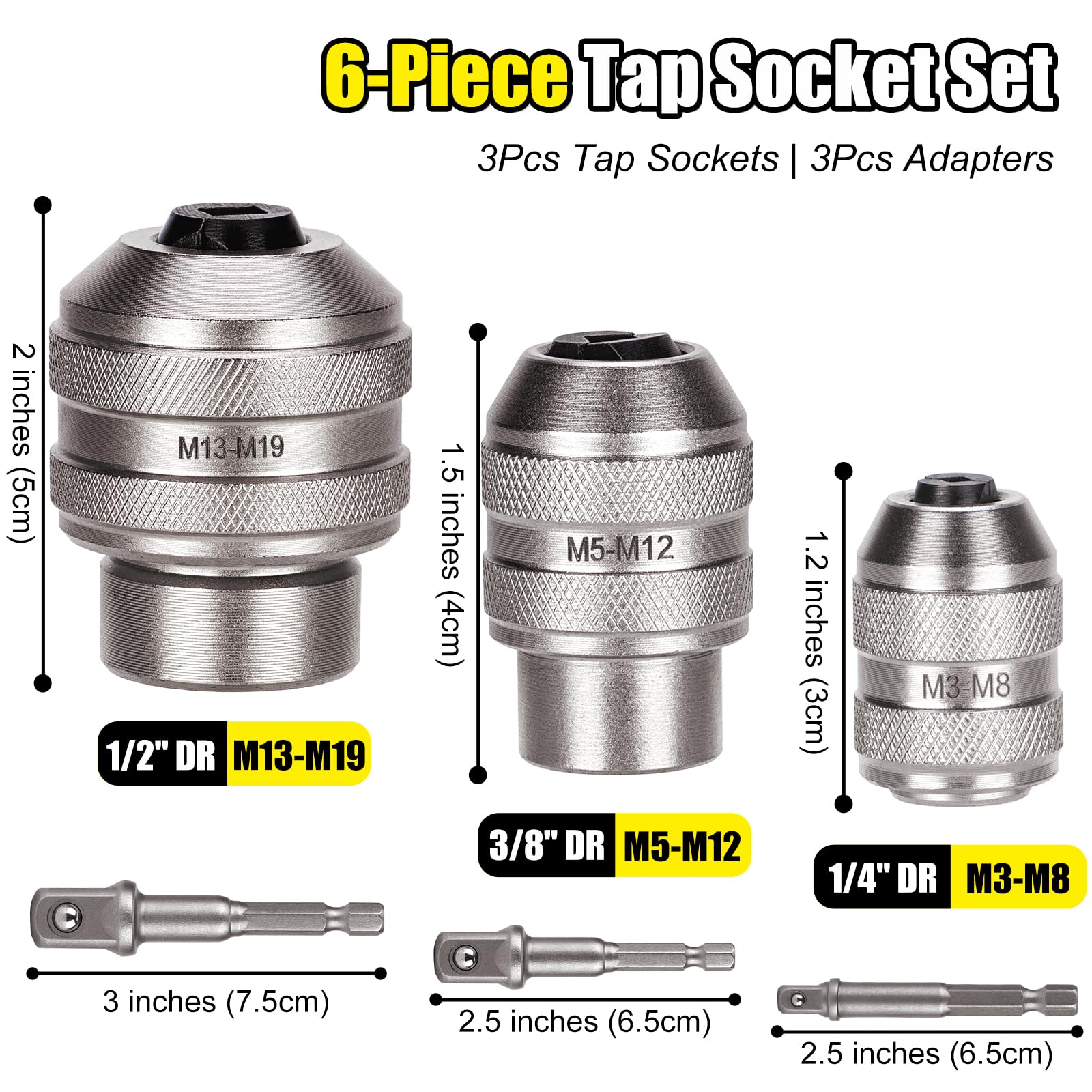 Topec adapters 1/4, 3/8, 1/2 with tap sockets for versatile tool compatibility