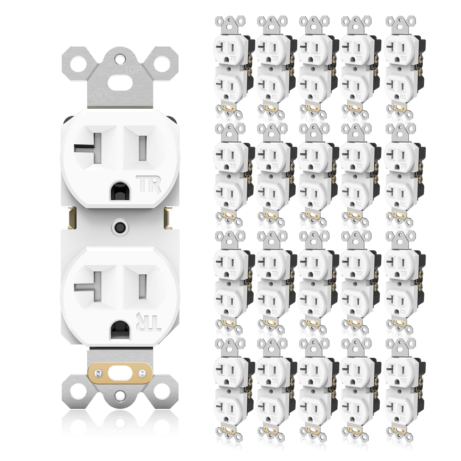 TOPELER duplex outlet front view showing white 20A power access