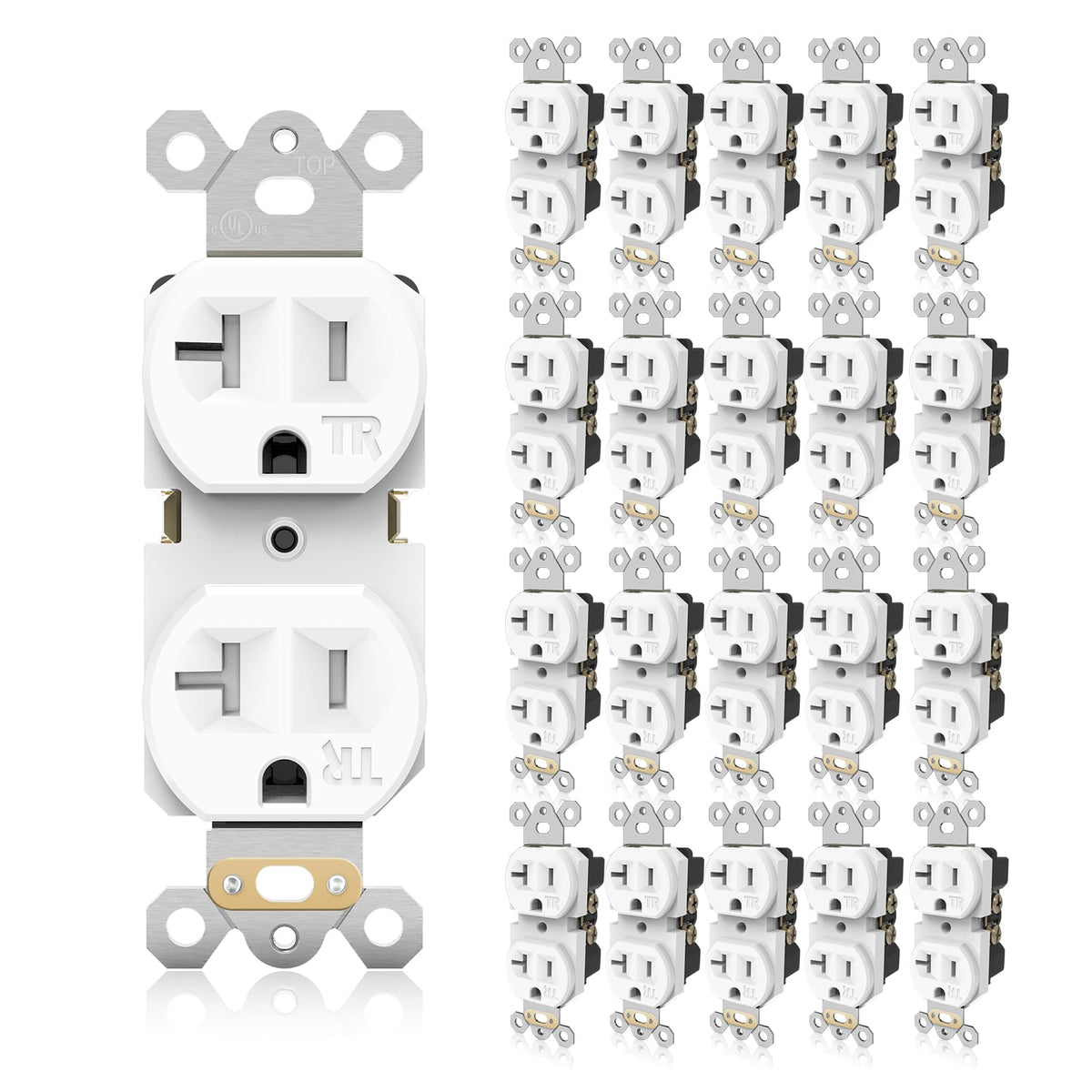 TOPELER duplex outlet front view showing white 20A power access