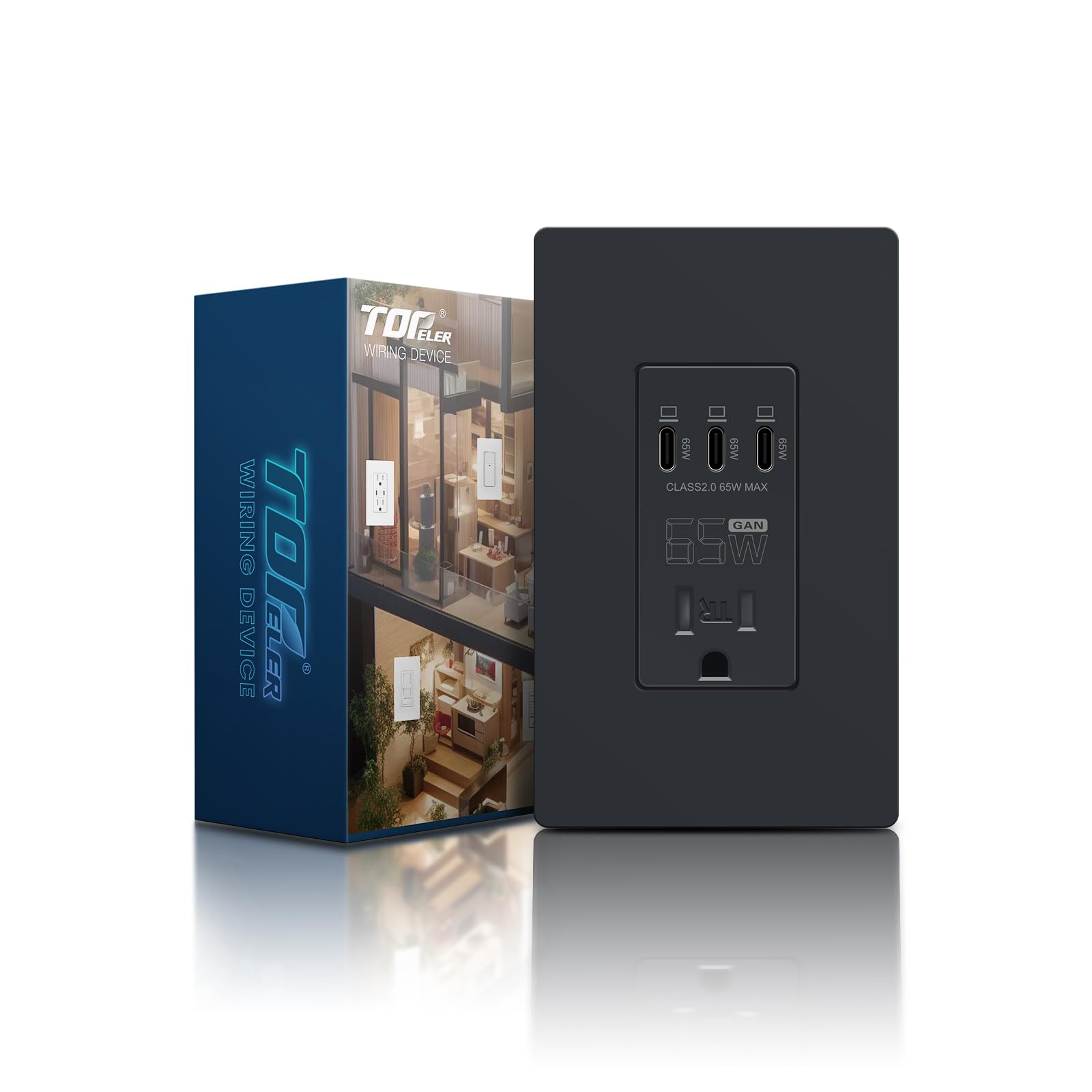 TOPELER Black USB Wall Outlet front view enables fast laptop charging with 65W PD.