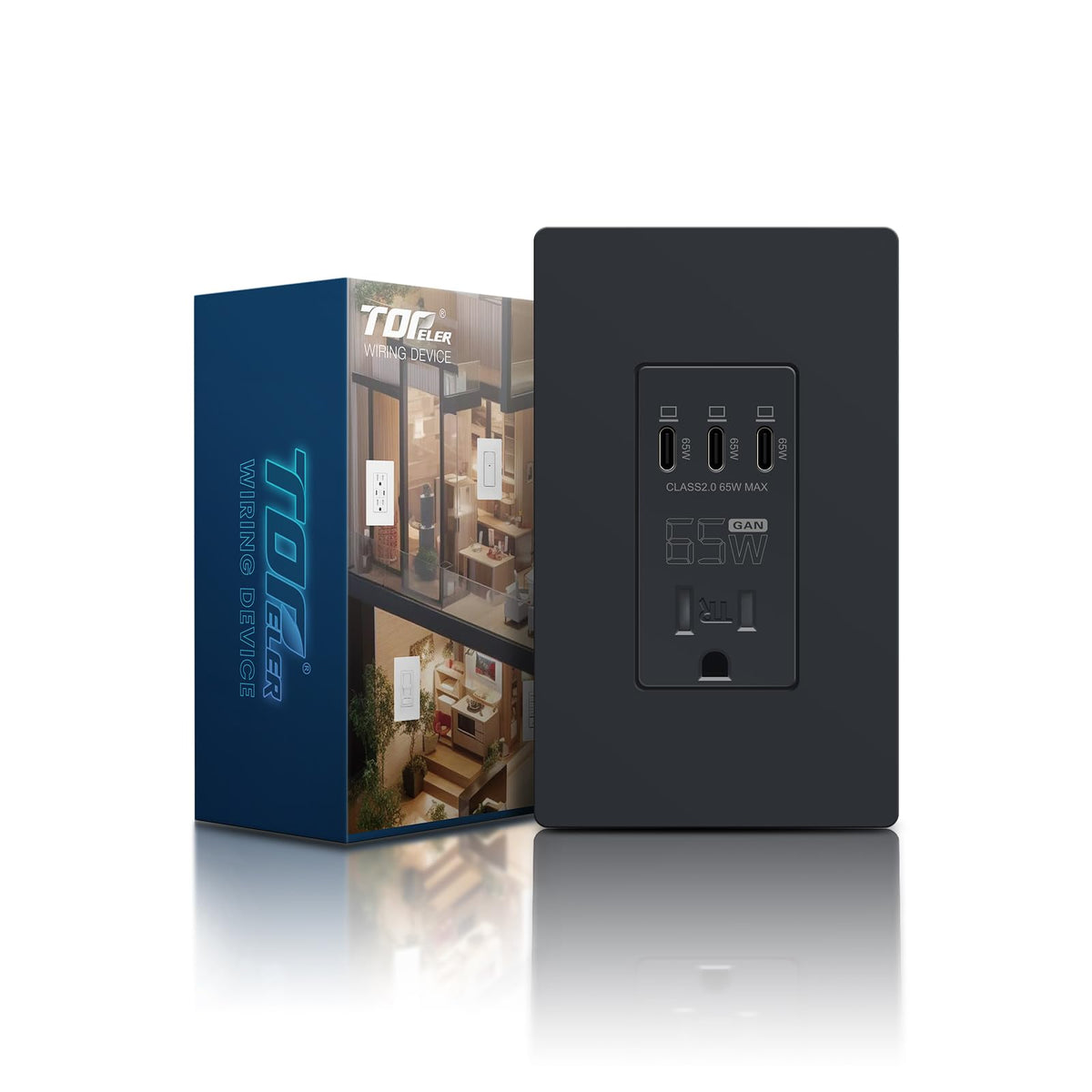 TOPELER Black USB Wall Outlet front view enables fast laptop charging with 65W PD.