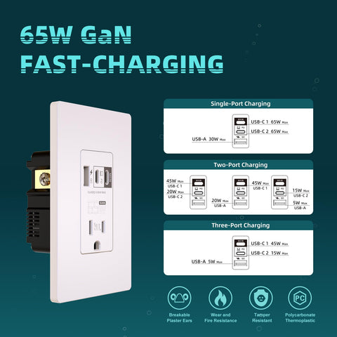 Topeler USB Wall Outlet 65W back wiring for easy DIY installation.