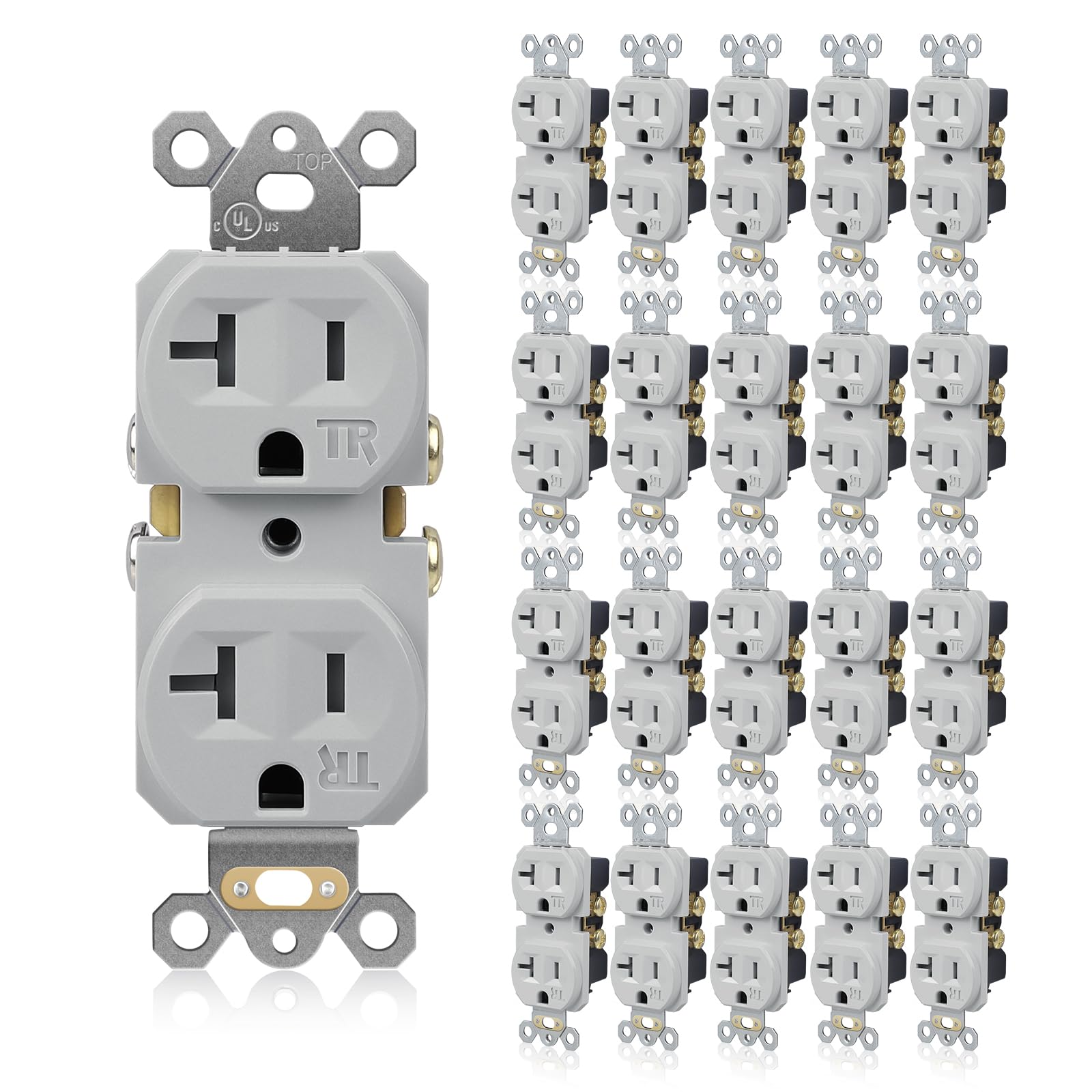TOPELER gray wall receptacle outlet front view emphasizing durable polycarbonate housing.