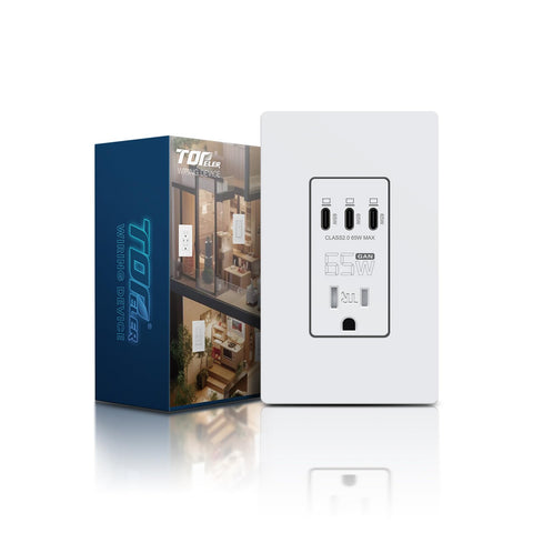 TOPELER USB C wall outlet delivering up to 65W PD for laptops and phones