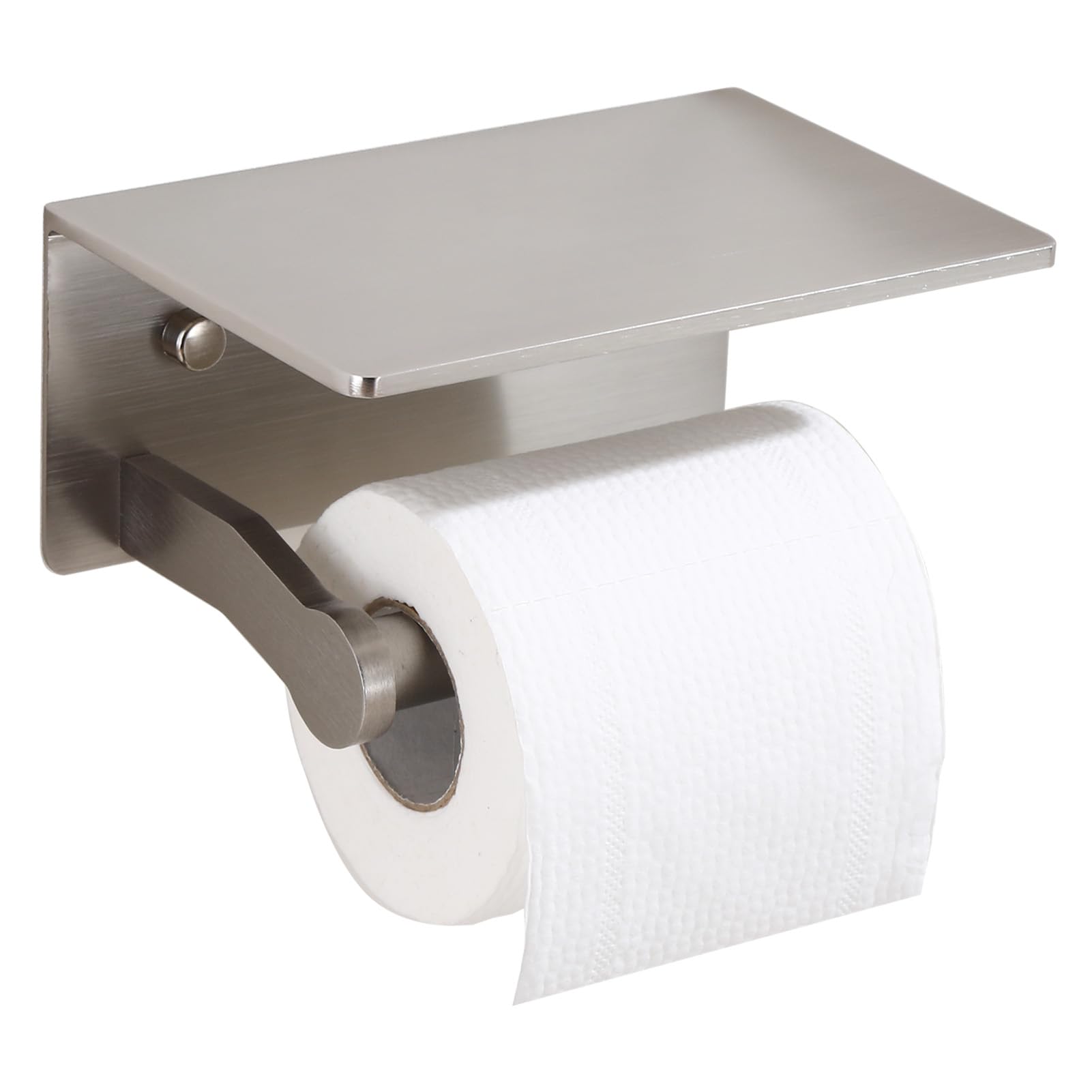 TOPGHIP toilet paper holder with shelf in brushed nickel showing a sleek, rust-resistant finish for tidy bathrooms.