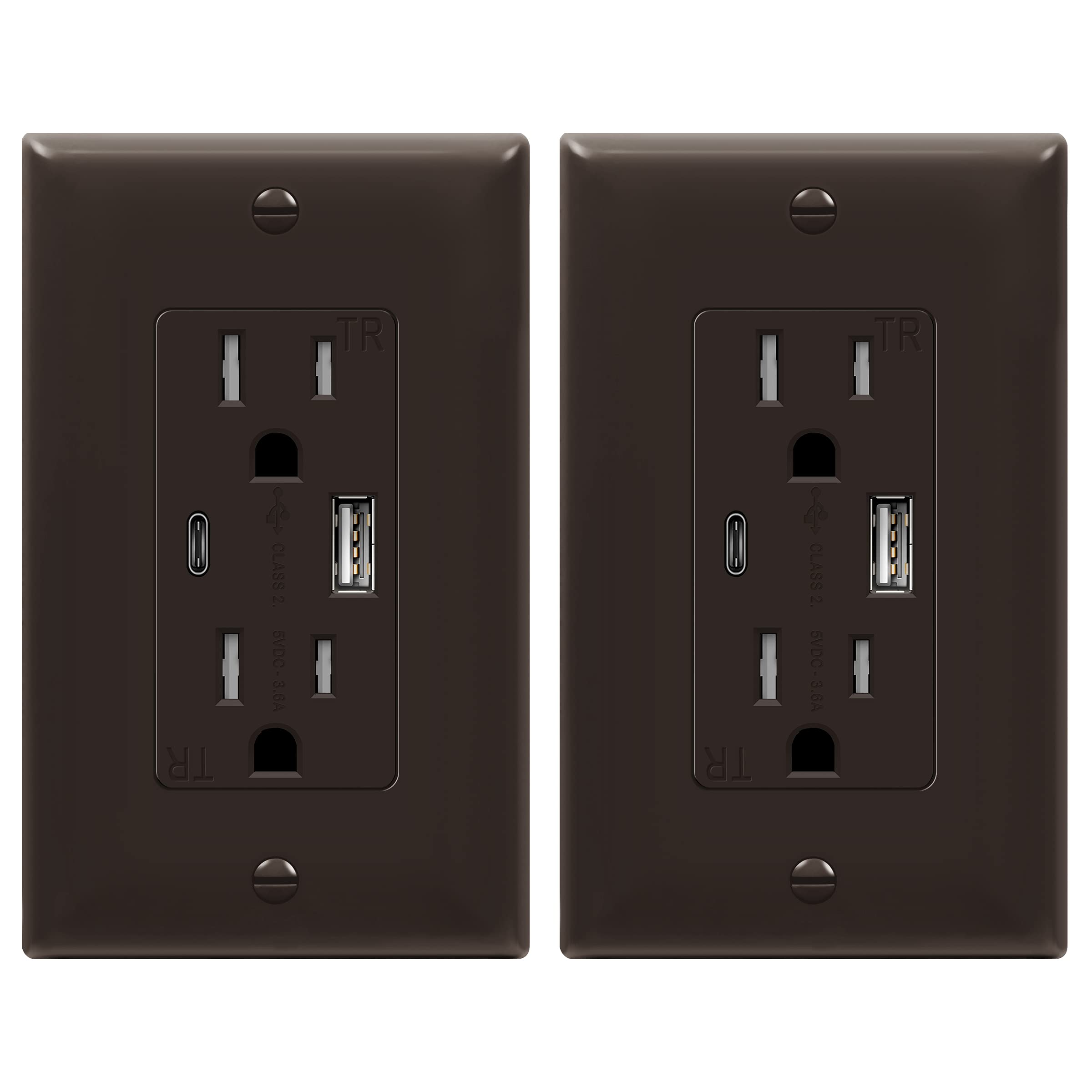 TOPGREENER 2-Port USB outlet with Type-C, brown finish; charges up to three devices without adapters.
