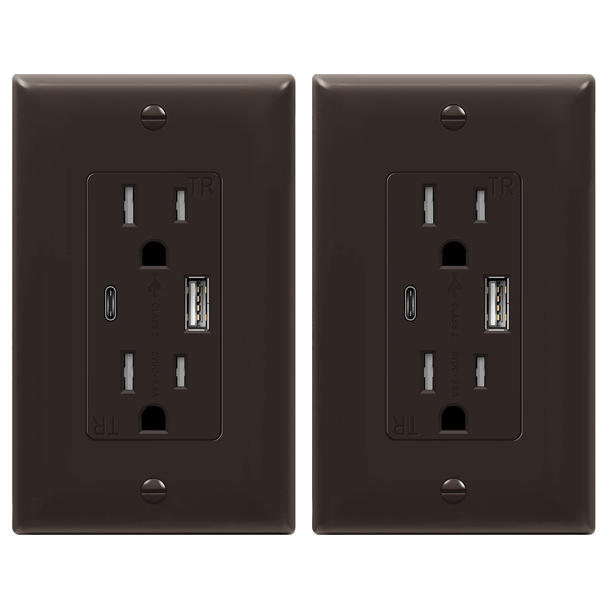 TOPGREENER 2-Port USB outlet with Type-C, brown finish; charges up to three devices without adapters.