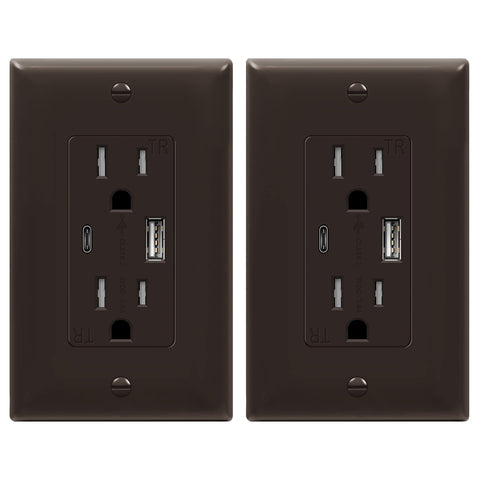 TOPGREENER 2-Port USB outlet with Type-C, brown finish; charges up to three devices without adapters.