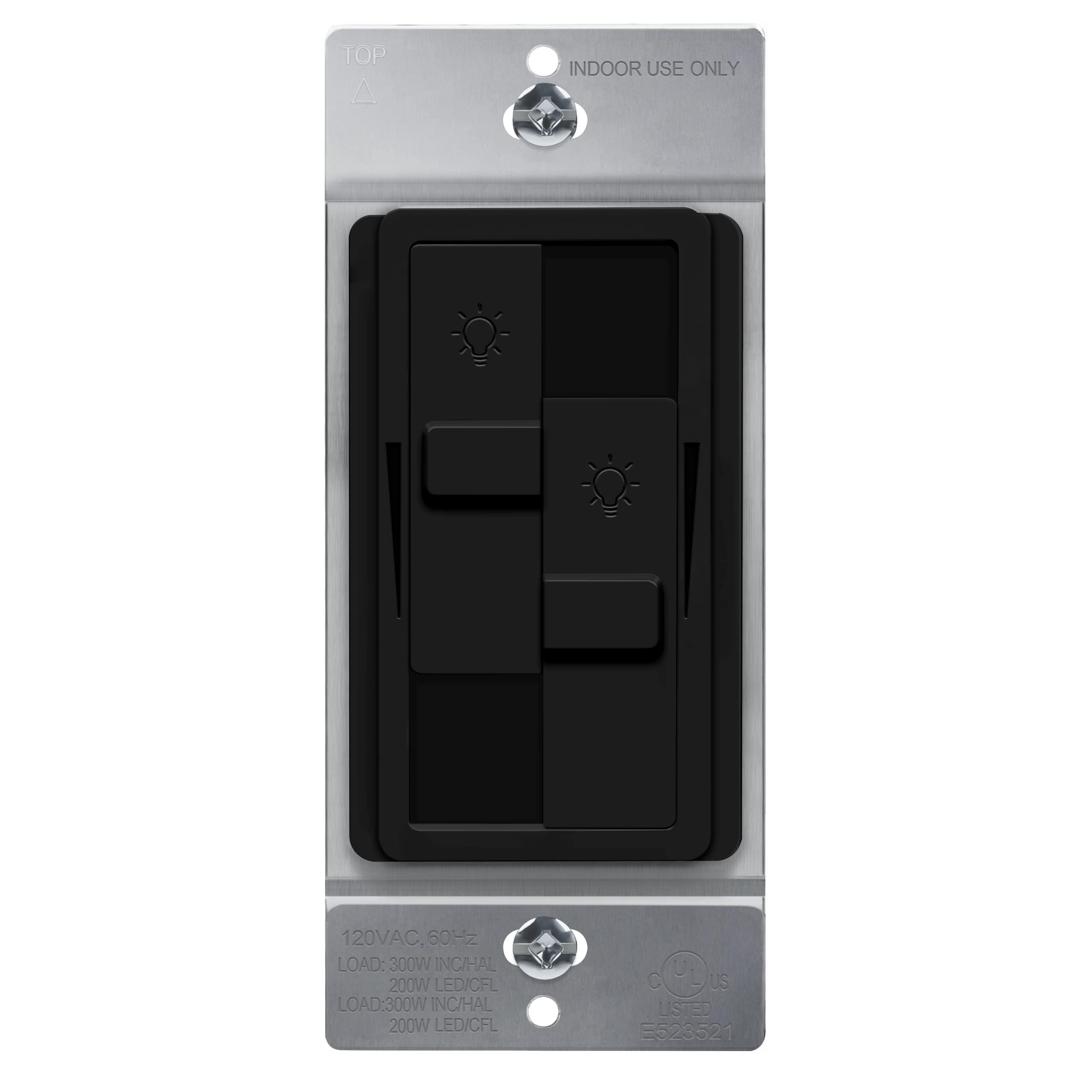 TopGreener Kalide dual load dimmer switch front view with dual sliders for precise lighting control.