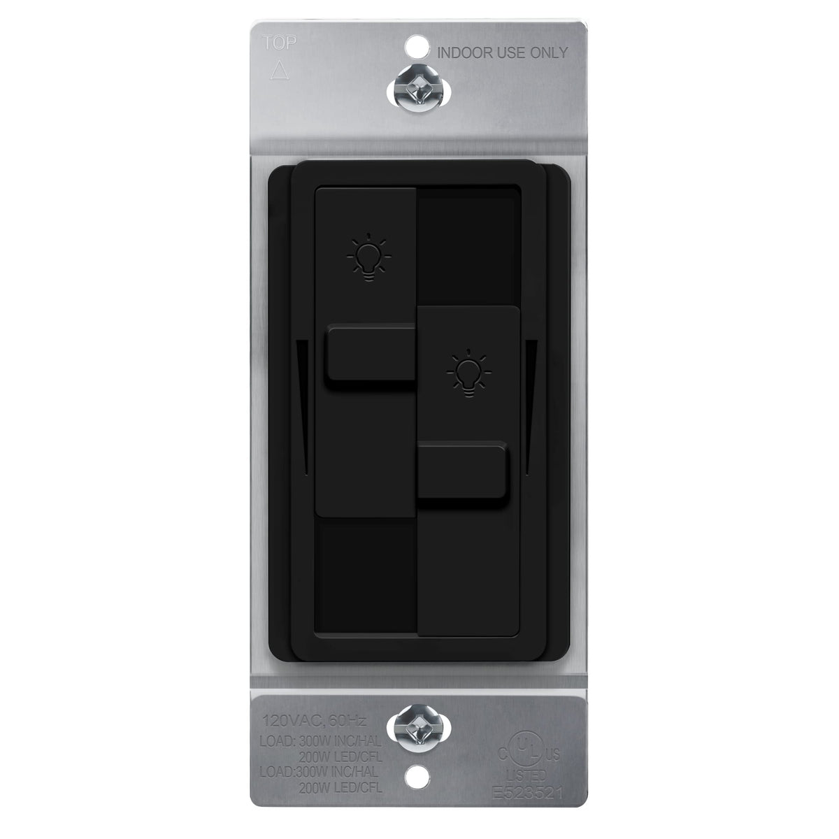 TopGreener Kalide dual load dimmer switch front view with dual sliders for precise lighting control.