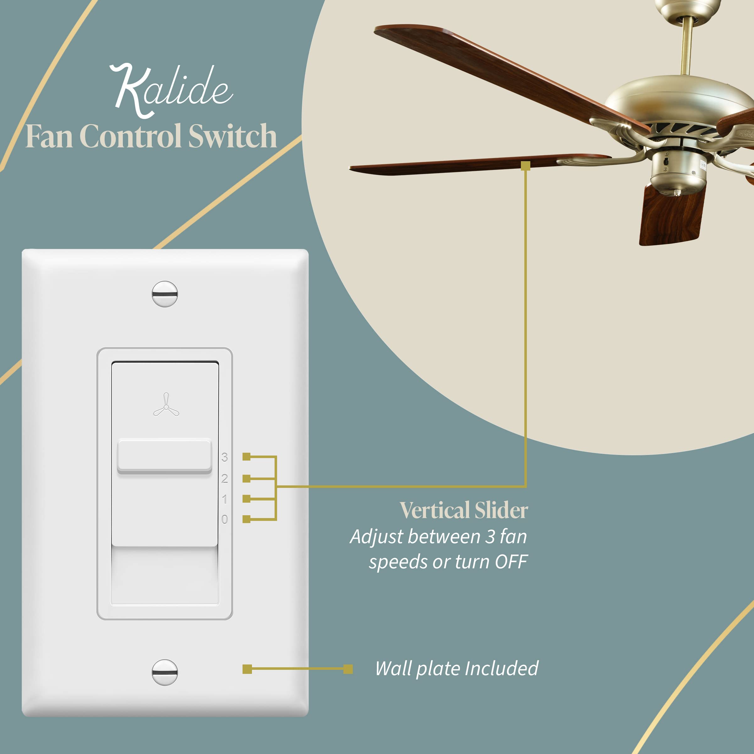 White Kalide faceplate complements modern interiors while controlling a fan