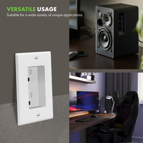 TopGreener recessed duplex receptacle in use with a TV setup showing organized cables