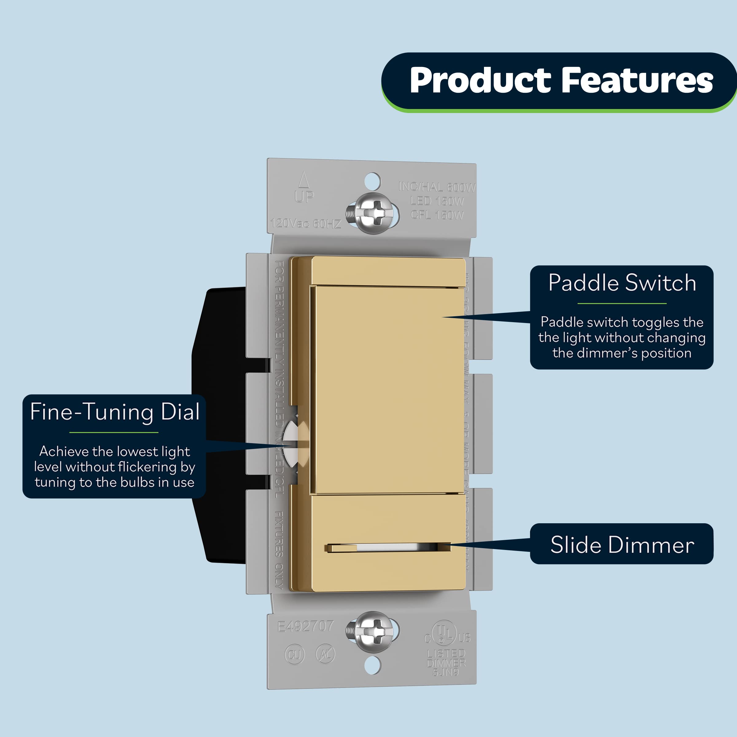 TOPGREENER TGDMDS gold finish dimmer adds stylish lighting control to any room.