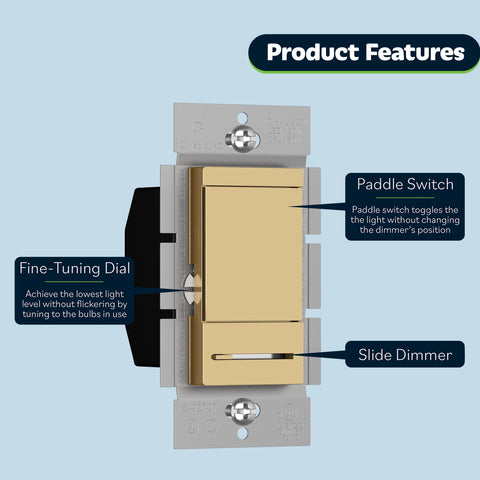 TOPGREENER TGDMDS gold finish dimmer adds stylish lighting control to any room.