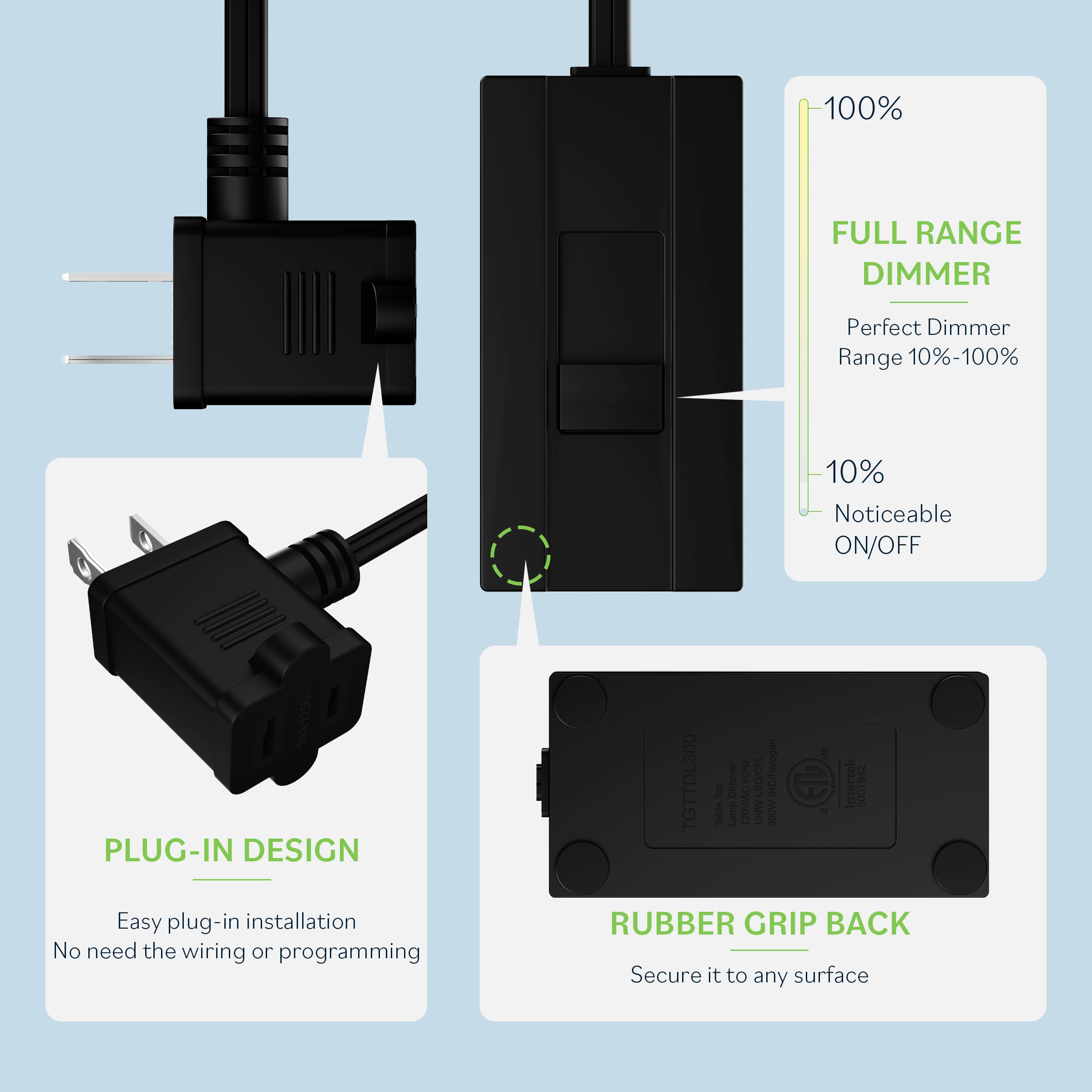 TOPGREENER TGTTDL300-BK six-foot cord provides flexible lamp placement.