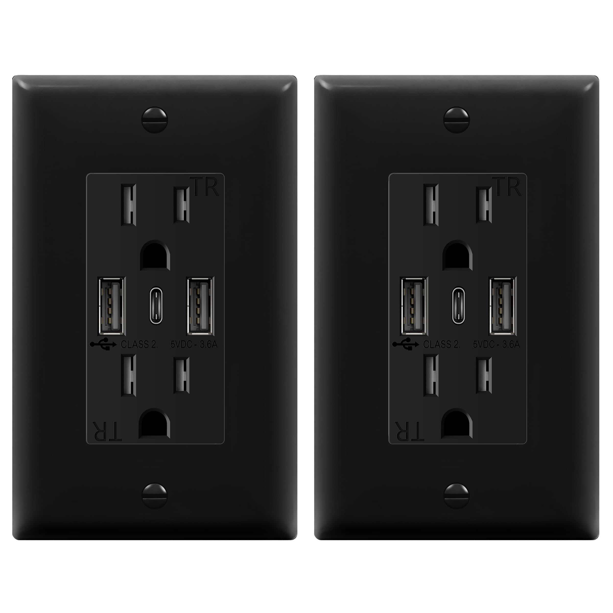 TOPGREENER USB outlet front view shows 2 USB-A and 1 USB-C ports for versatile charging