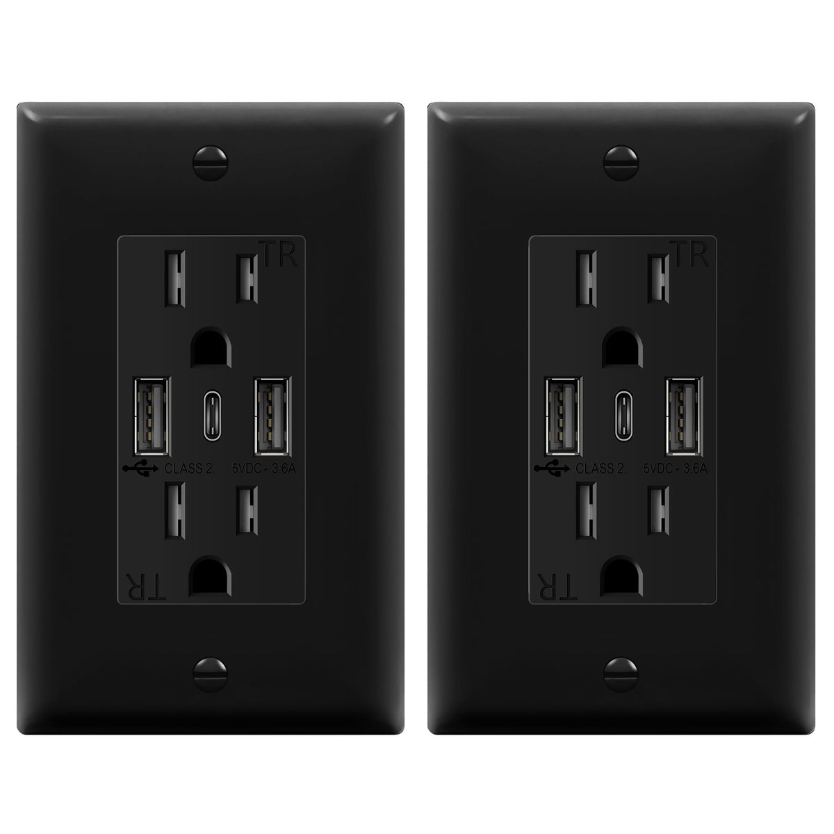 TOPGREENER USB outlet front view shows 2 USB-A and 1 USB-C ports for versatile charging