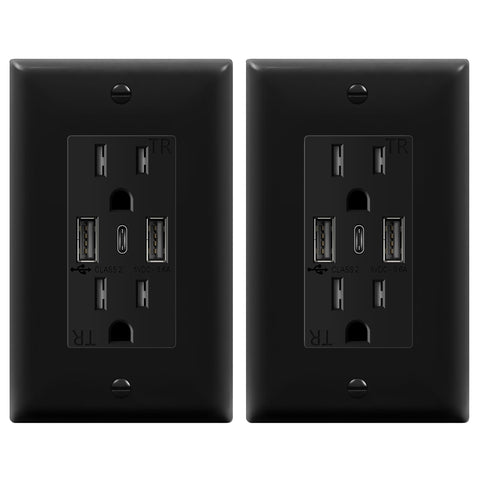 TOPGREENER USB outlet front view shows 2 USB-A and 1 USB-C ports for versatile charging