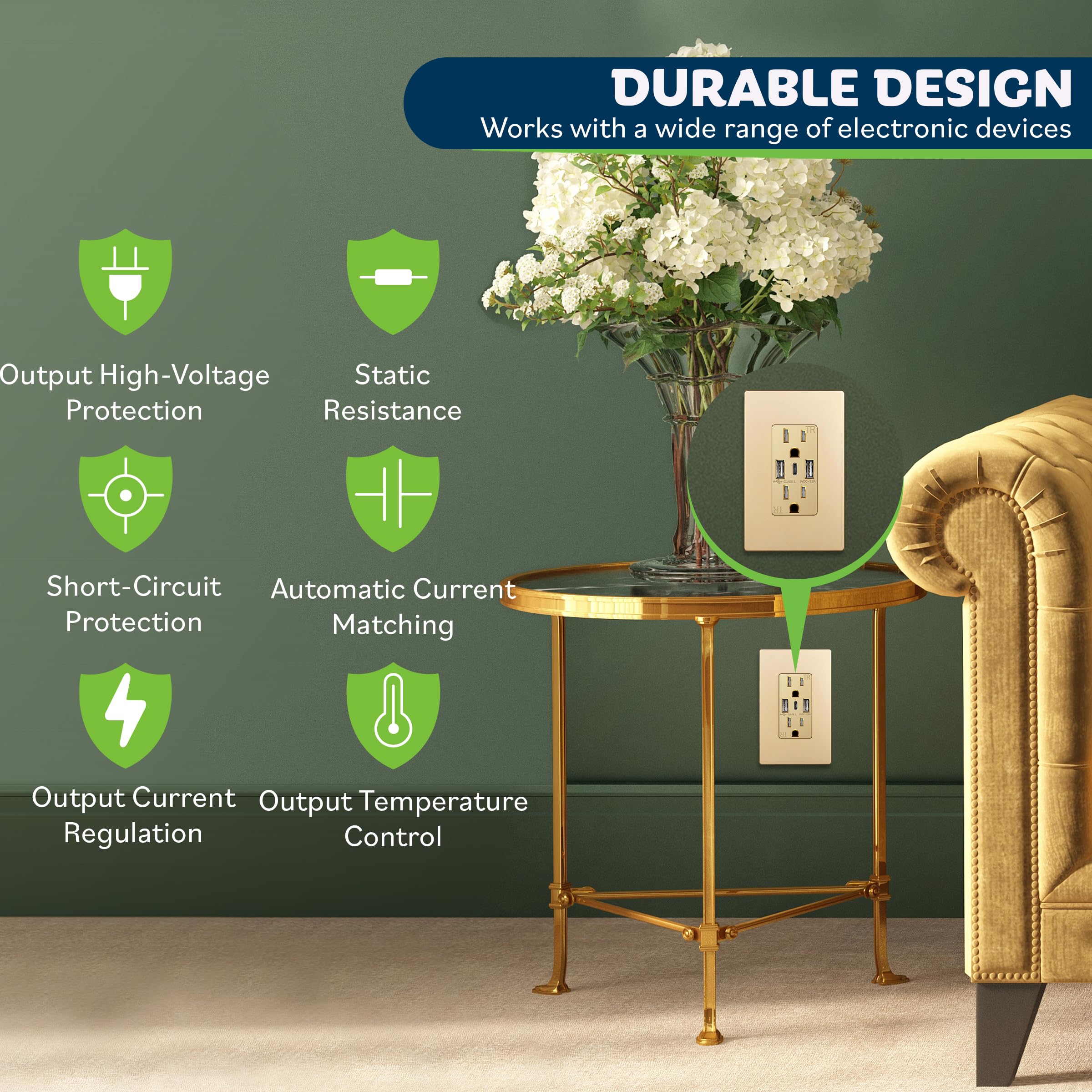 TOPGREENER gold faceplate and outlets with a clean, decorative finish.