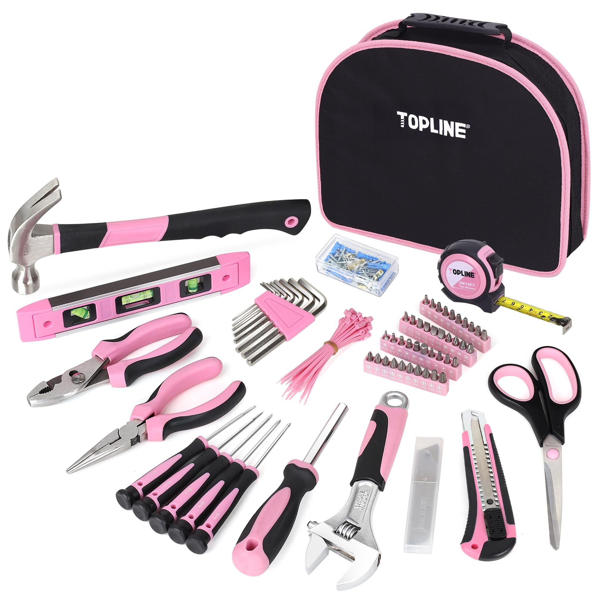 Topline 208-piece pink tool kit with round pouch for organized home repairs