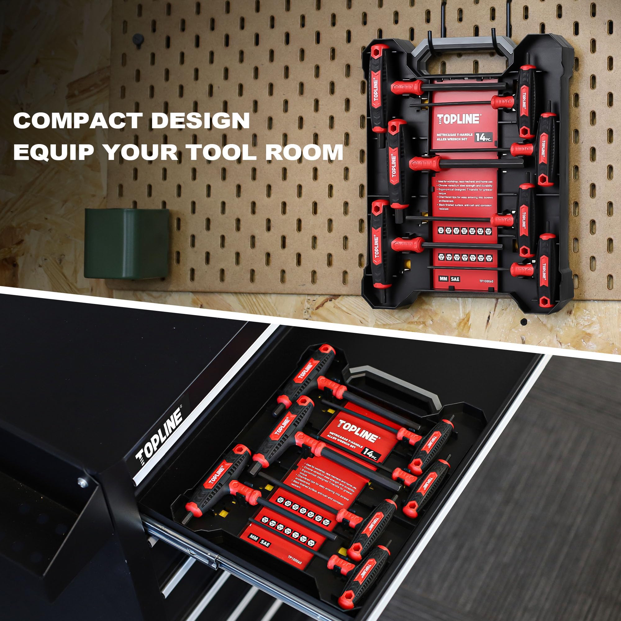 Topline shorter hex key end for high-torque applications and tight spots.