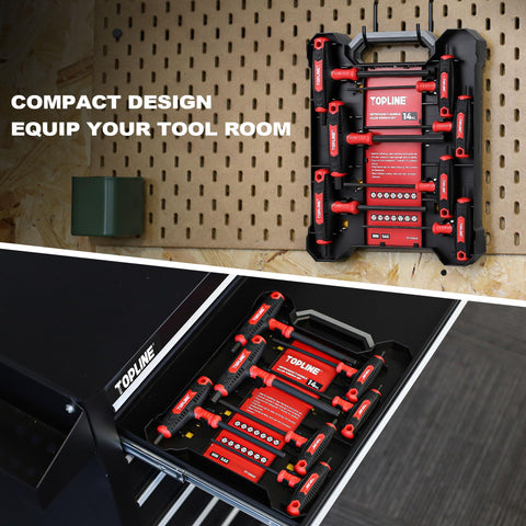 Topline shorter hex key end for high-torque applications and tight spots.