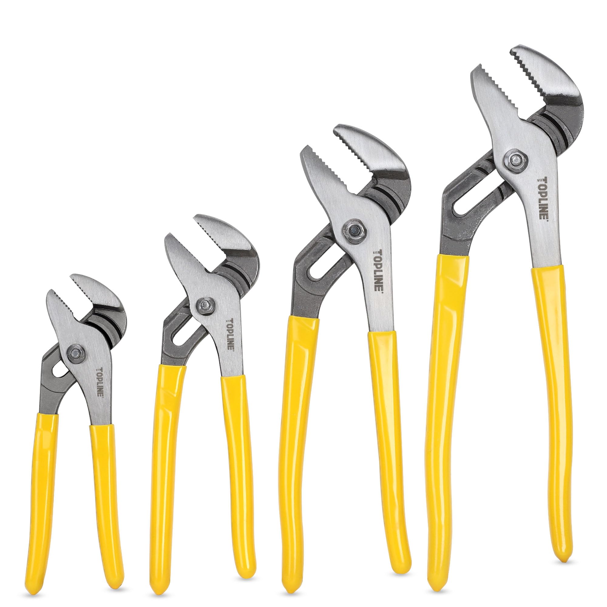 Topline tongue and groove pliers set with dipped handles in 12-inch size for secure grip.